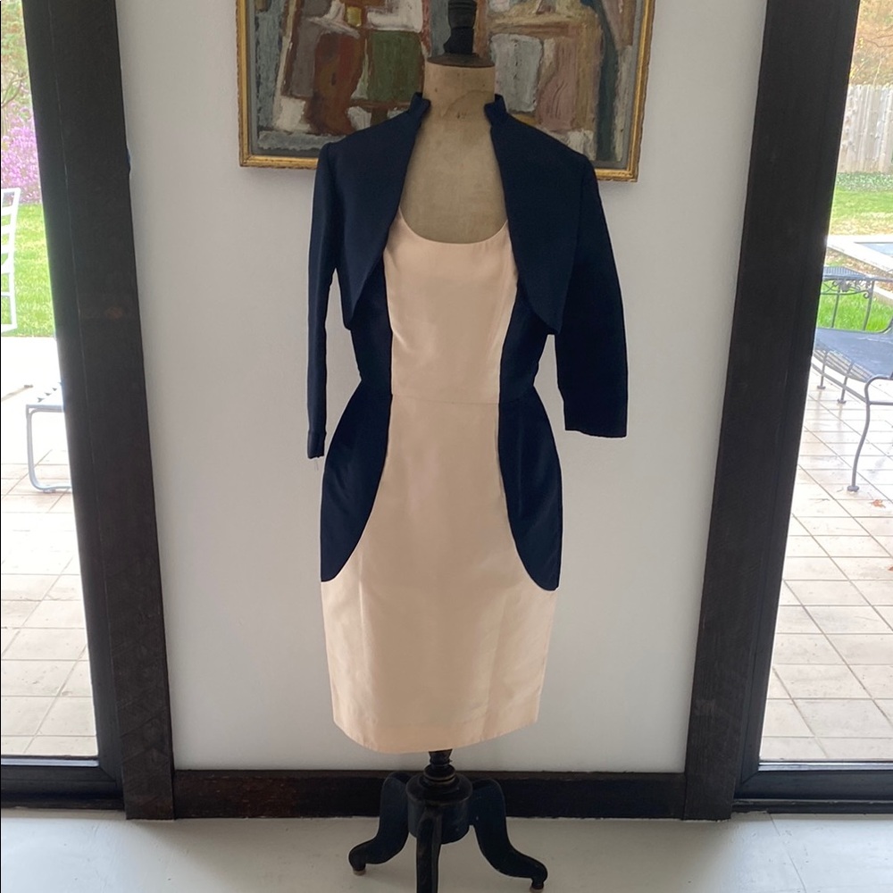 CELESTINO COUTURE 100% SILK  Elegant Navy and Cream Dress with Jacket